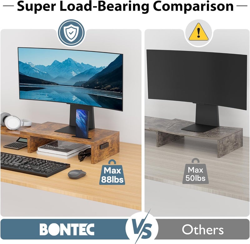 BONTEC حامل شاشتي كمبيوتر مع حامل هاتف ذكي، طول قابل للتعديل وزاوية دوران، منظم مكتبي خشبي مريح لشاشة الكمبيوتر، اللابتوب، الطابعة، تخزين كبير، بني ريفي - Image 5